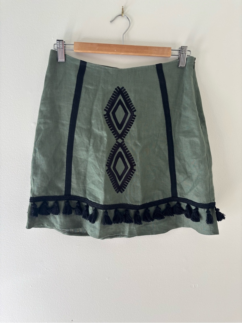 Olive Green Embroidered Linen Tassel Mini Skirt